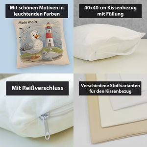 Fröhliche Möwe und Leuchtturm Kissen - MOIN MOIN