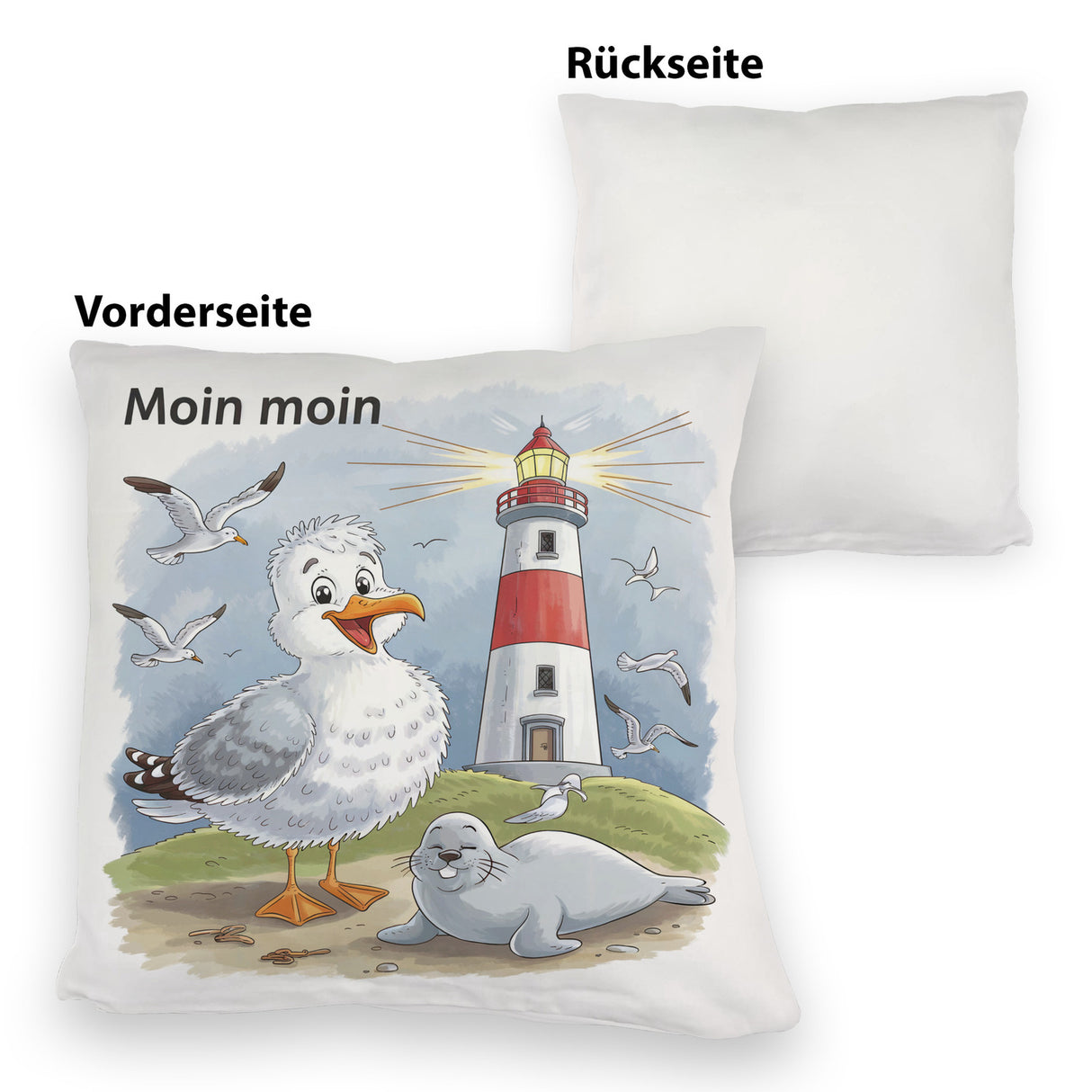 Fröhliche Möwe und Leuchtturm Kissen - MOIN MOIN