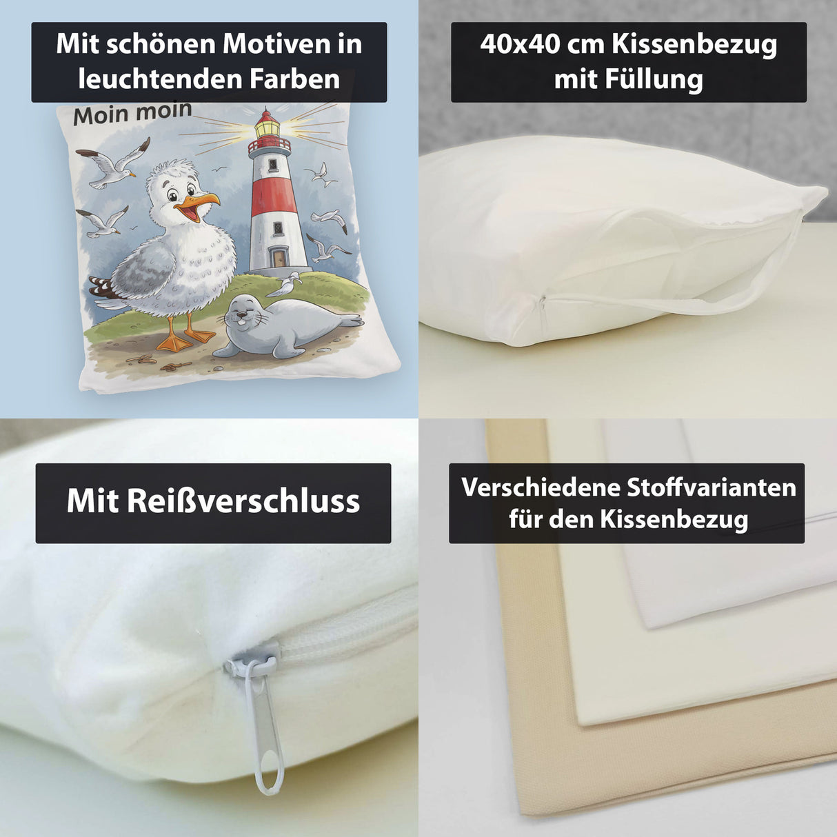 Fröhliche Möwe und Leuchtturm Kissen - MOIN MOIN