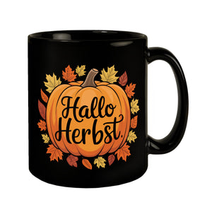 Hallo Herbst Tasse mit Kürbis und Herbstlaub