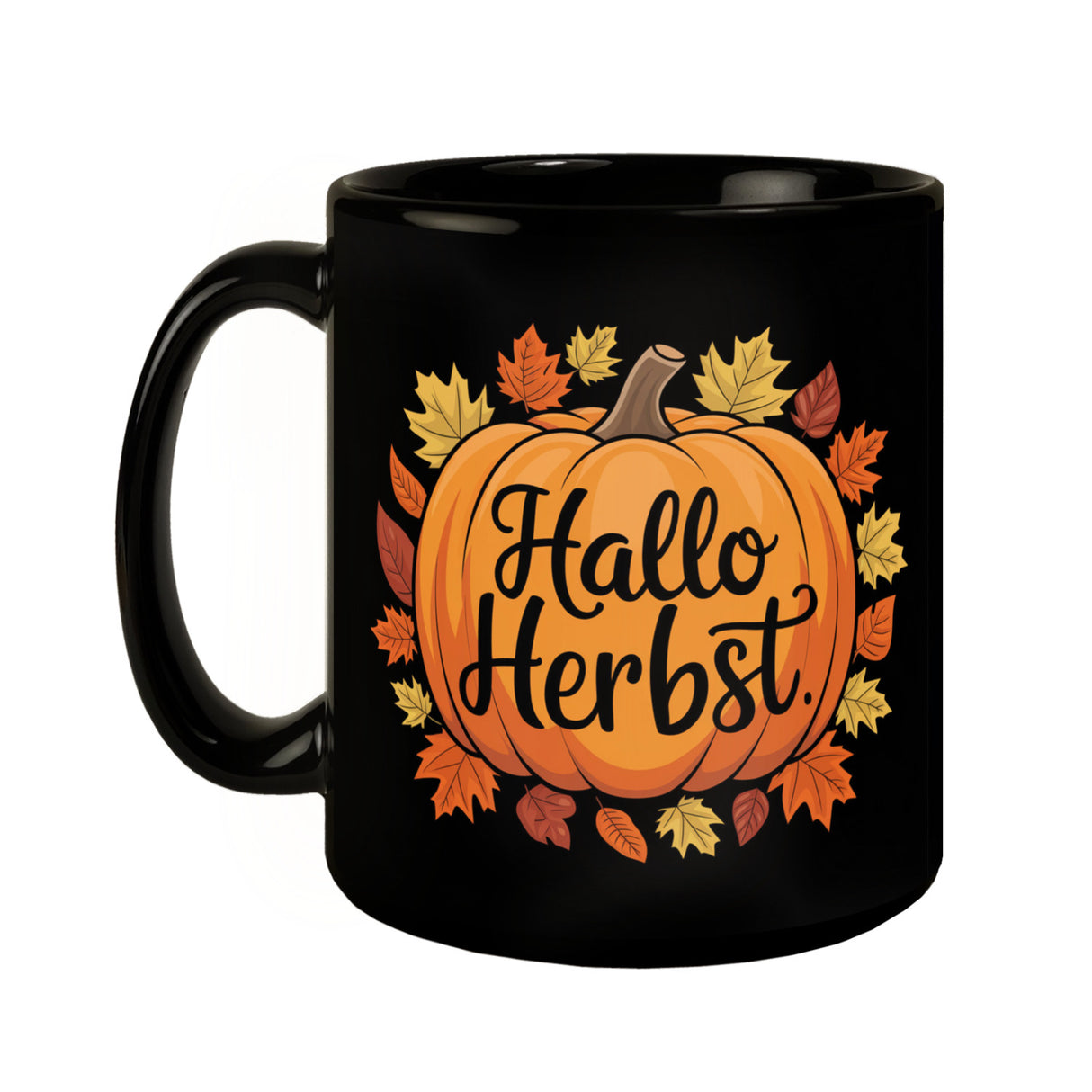 Hallo Herbst Tasse mit Kürbis und Herbstlaub