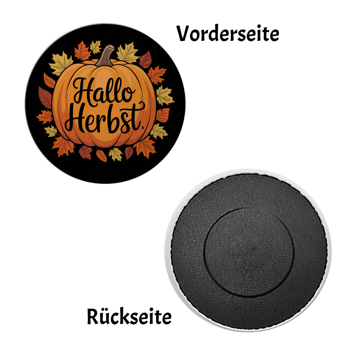 Hallo Herbst Magnet rund mit Kürbis und Herbstlaub