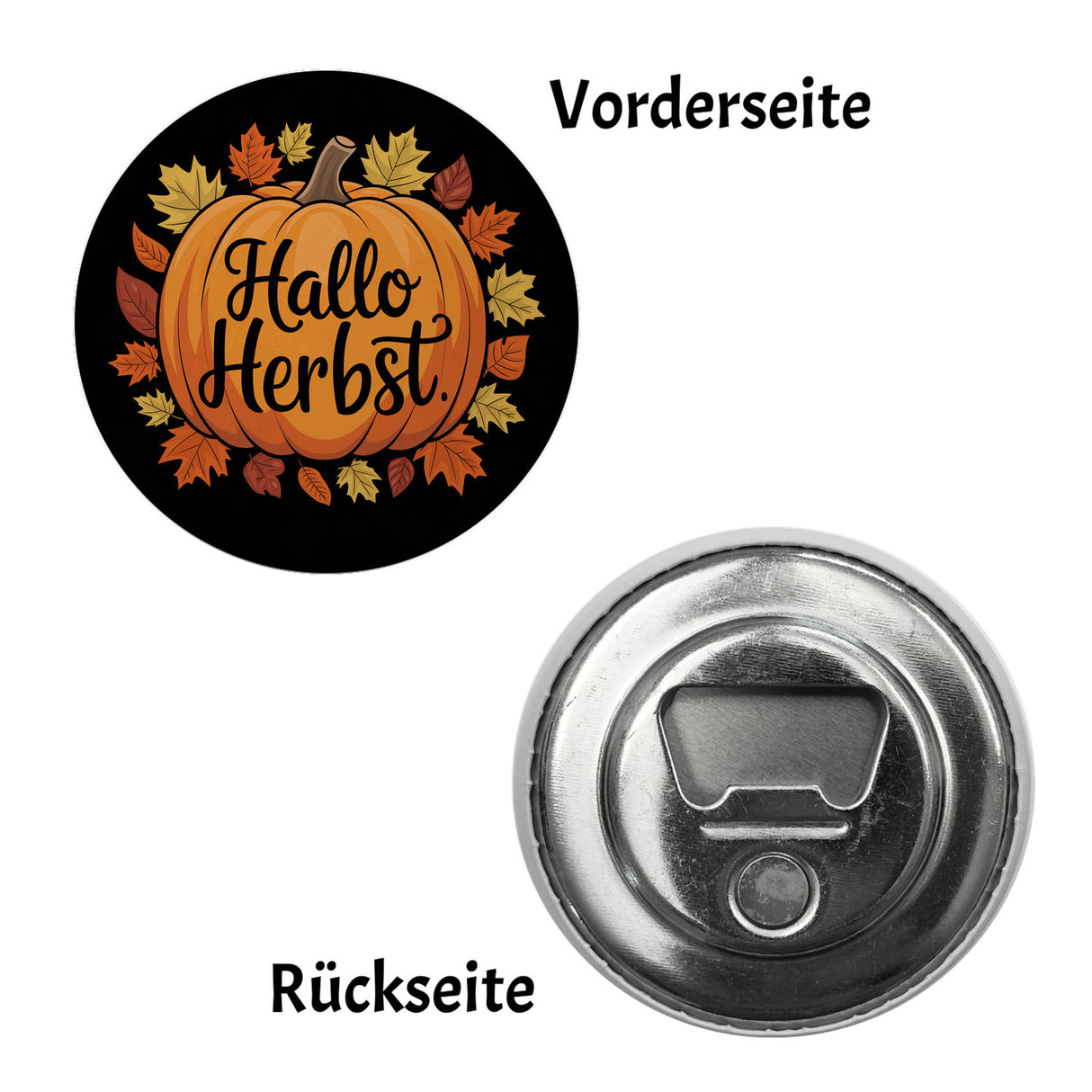 Hallo Herbst Magnet rund mit Kürbis und Herbstlaub