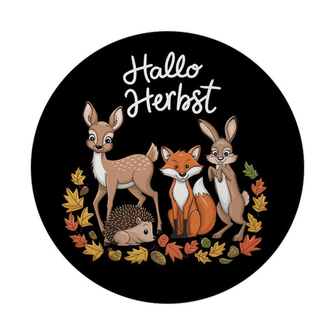 Hallo Herbst Magnet rund - Herbstliche Waldszene mit Tieren