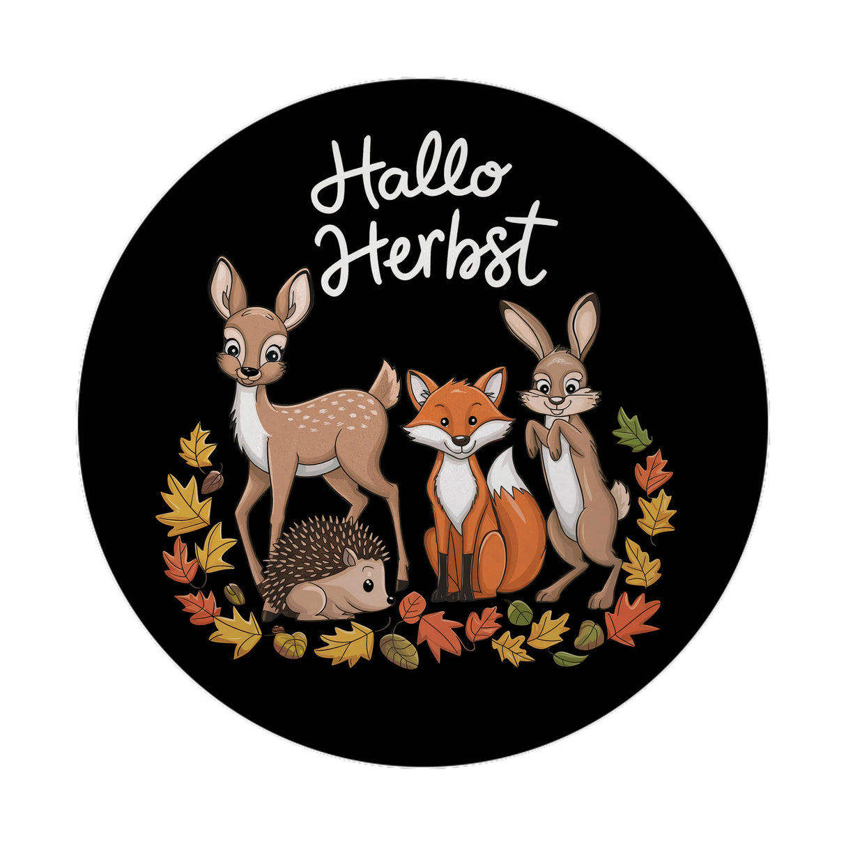 Hallo Herbst Magnet rund - Herbstliche Waldszene mit Tieren