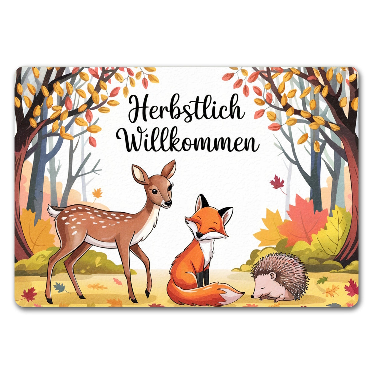 Herbstlich Willkommen Fußmatte in 35x50 cm ohne Rand mit Tieren des Waldes