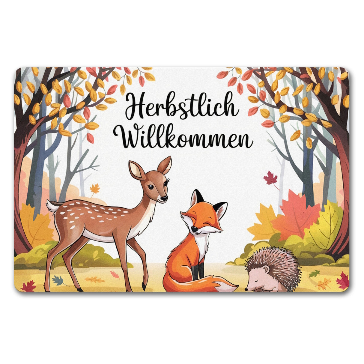 Herbstlich Willkommen Fußmatte in 35x50 cm ohne Rand mit Tieren des Waldes