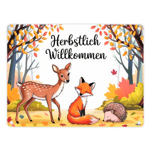 Herbstlich Willkommen Metallschild in 15x20 cm mit Tieren des Waldes