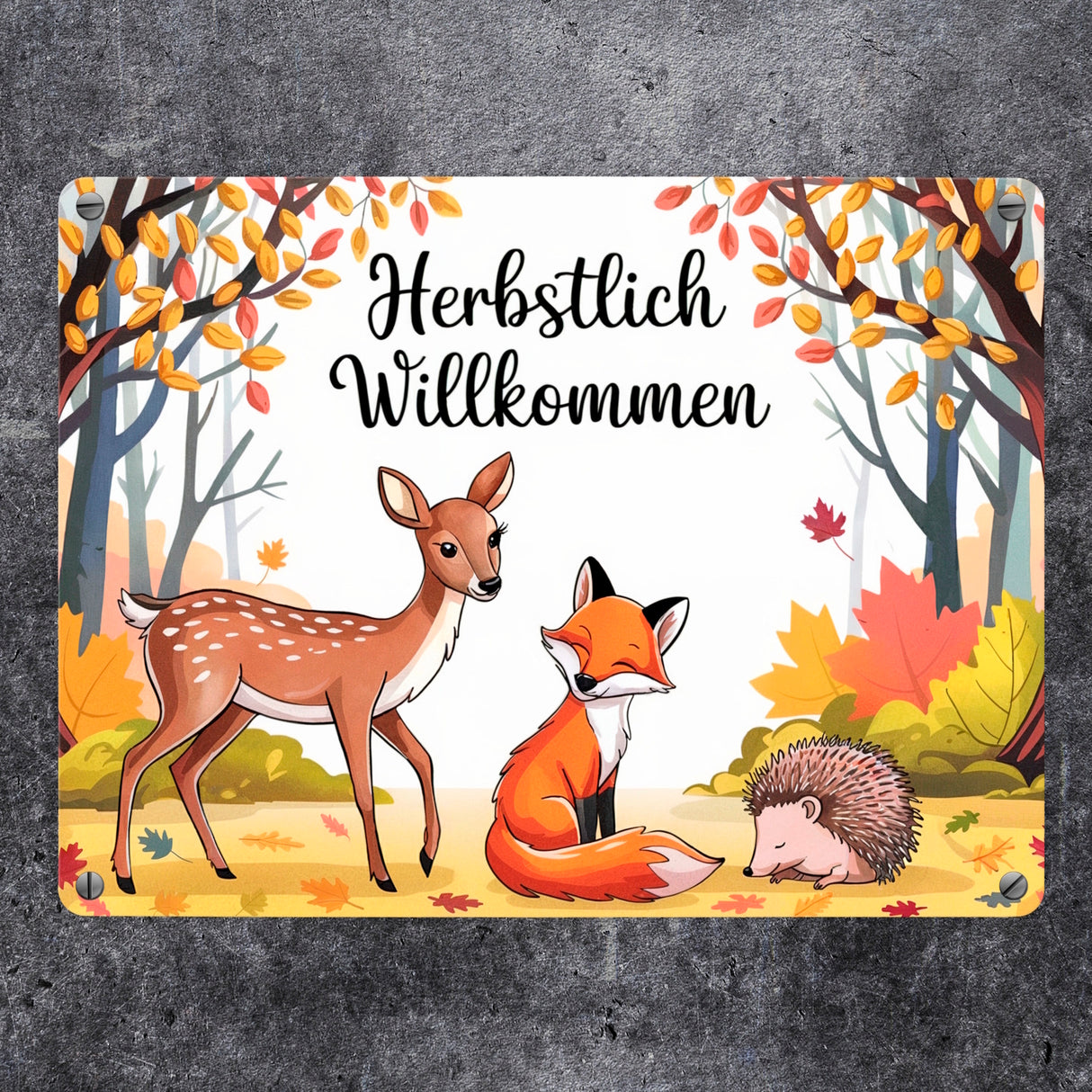 Herbstlich Willkommen Metallschild in 15x20 cm mit Tieren des Waldes