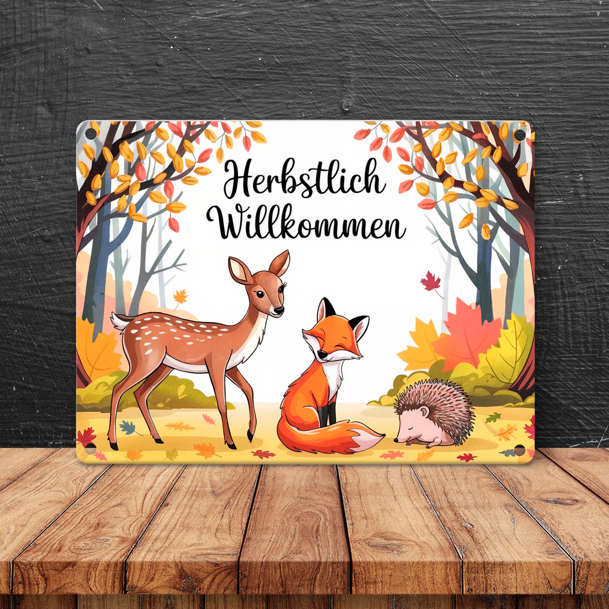 Herbstlich Willkommen Metallschild in 15x20 cm mit Tieren des Waldes