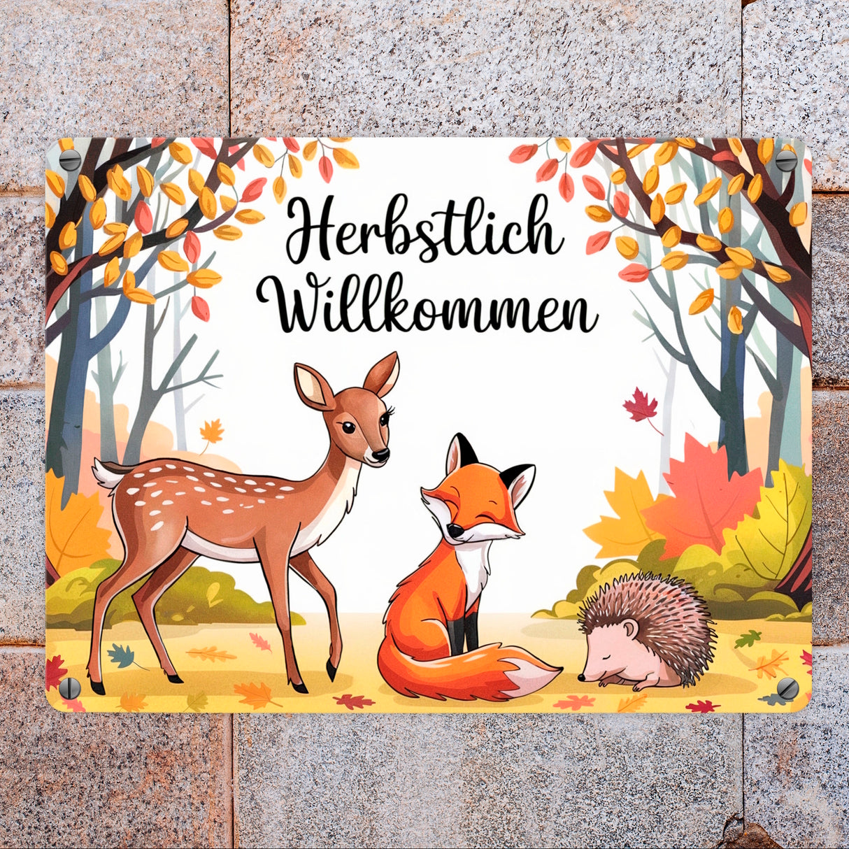 Herbstlich Willkommen Metallschild in 15x20 cm mit Tieren des Waldes