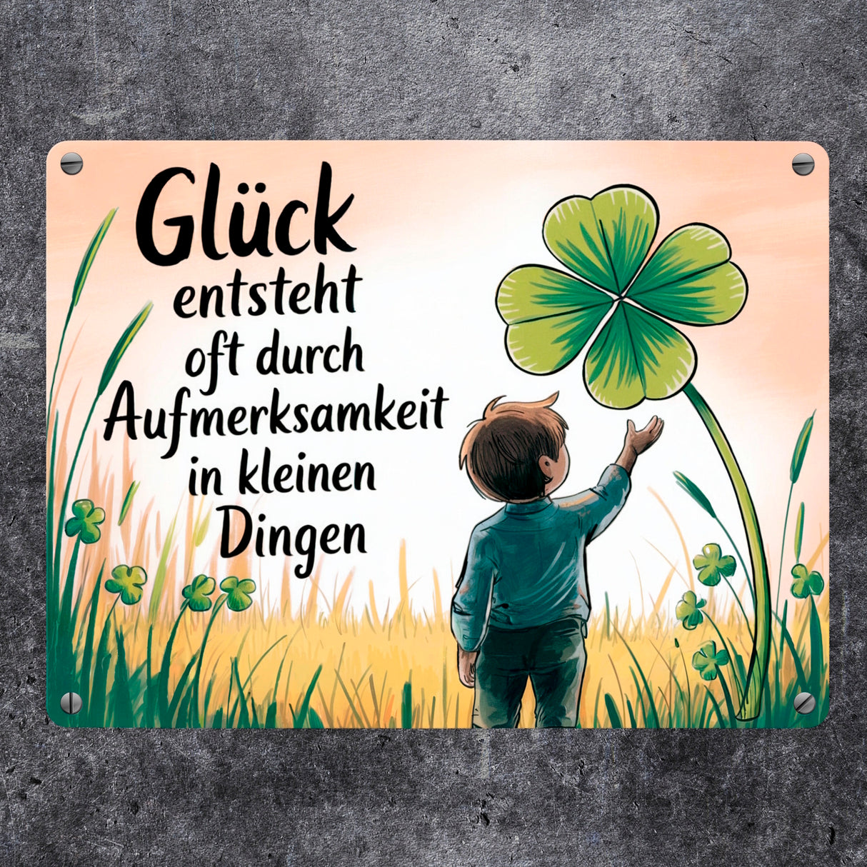 Kind mit Kleeblatt Metallschild in 15x20 cm - Glück durch kleine Dinge