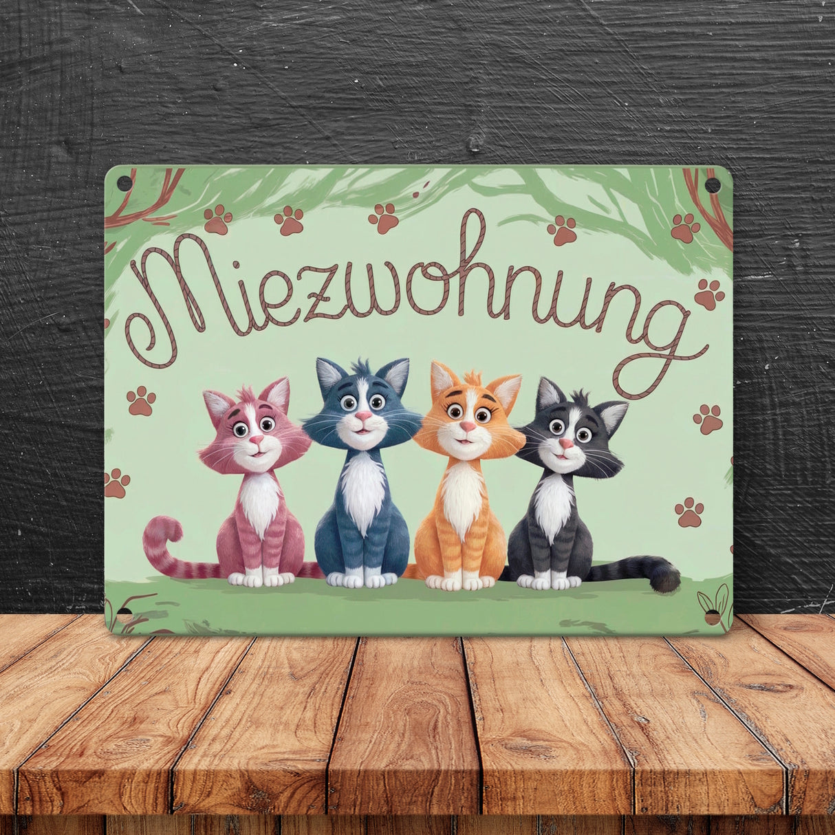 Vier farbige Katzen - Miezwohnung Metallschild in 15x20 cm