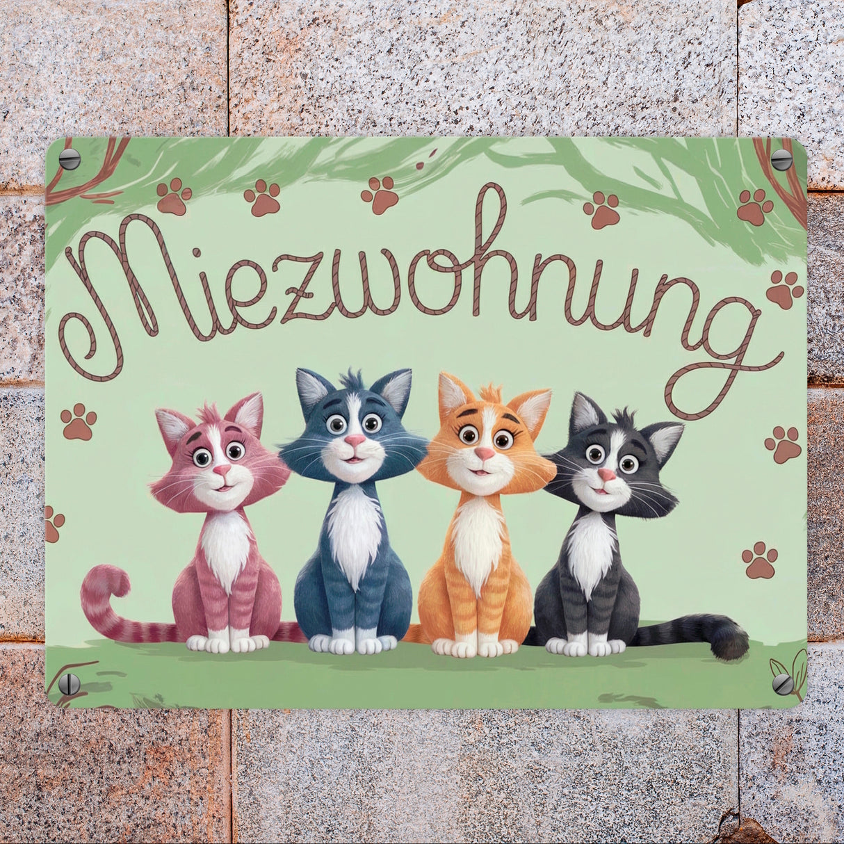 Vier farbige Katzen - Miezwohnung Metallschild in 15x20 cm