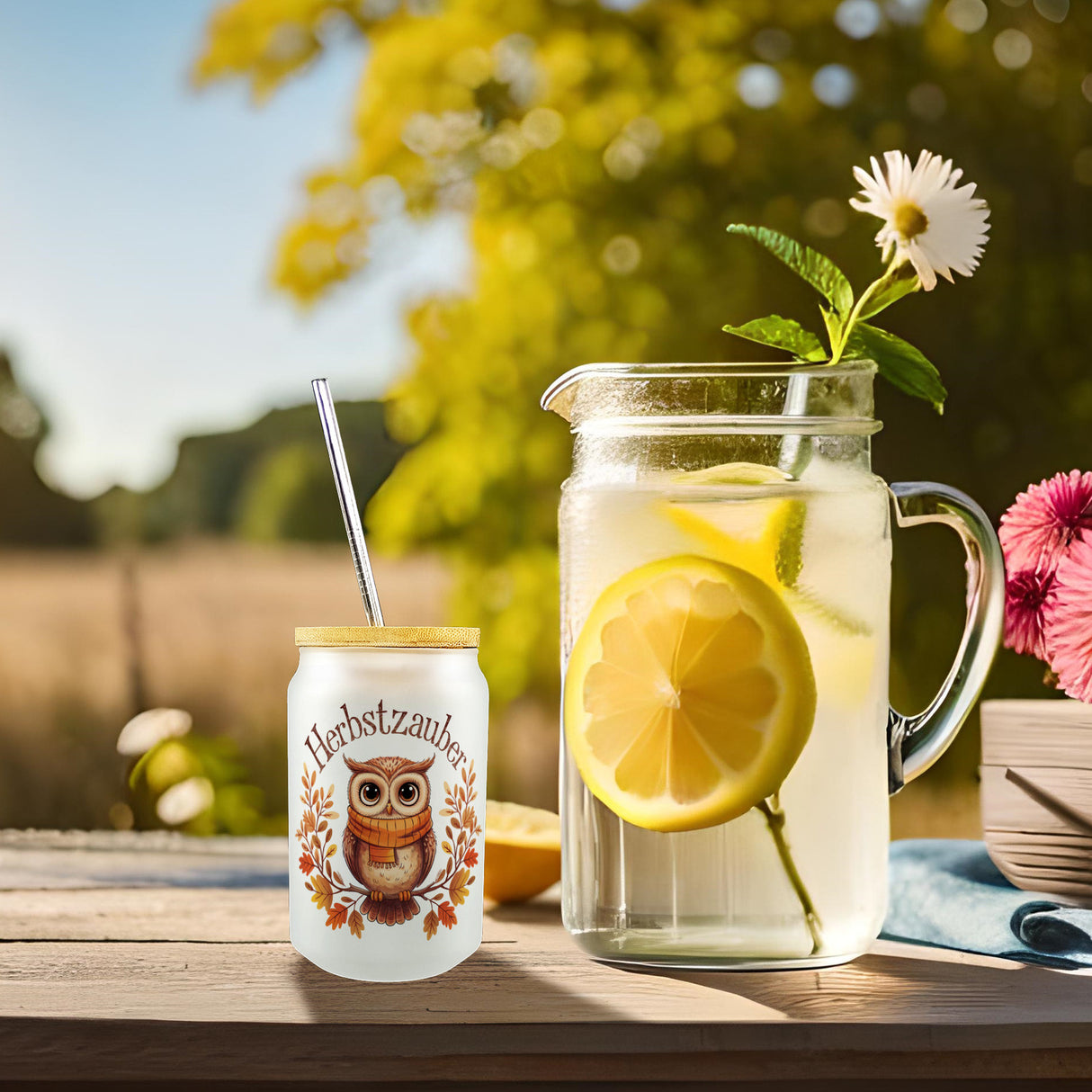 Niedliche Eule mit Schal - Herbstzauber Trinkglas mit Bambusdeckel