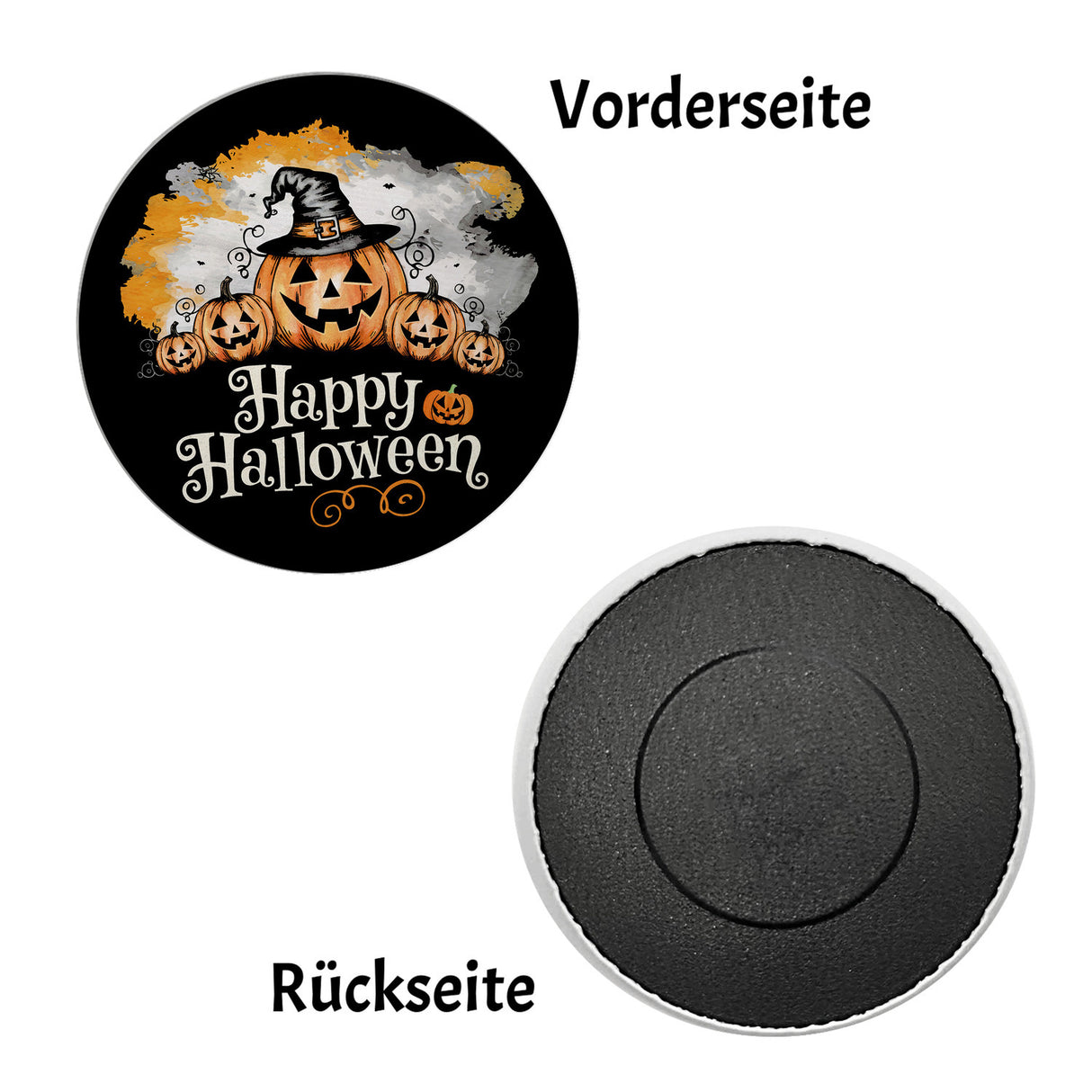 Großer Kürbis mit Hexenhut Magnet rund - Happy Halloween