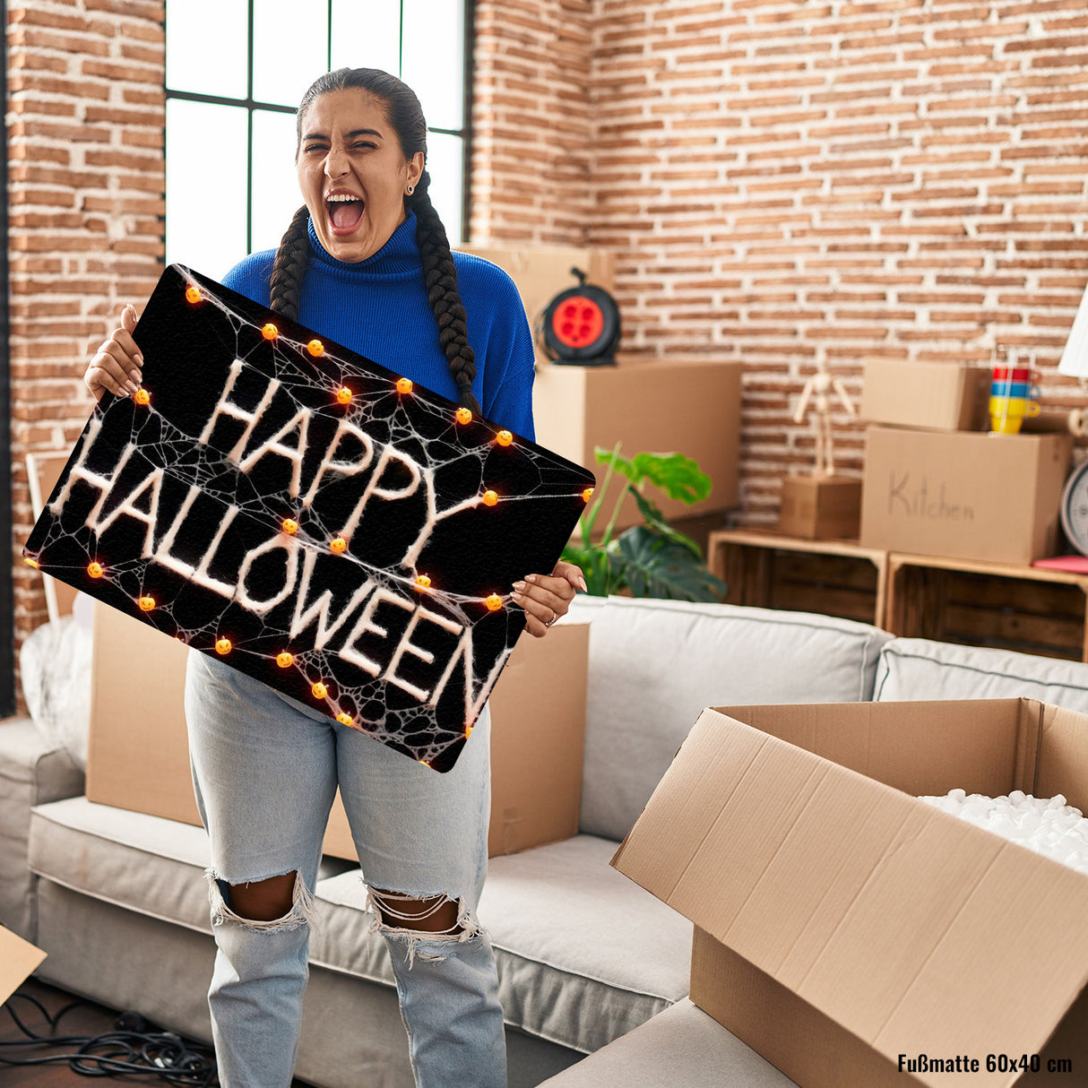 Happy Halloween Fußmatte in 35x50 cm ohne Rand mit Spinnennetzen