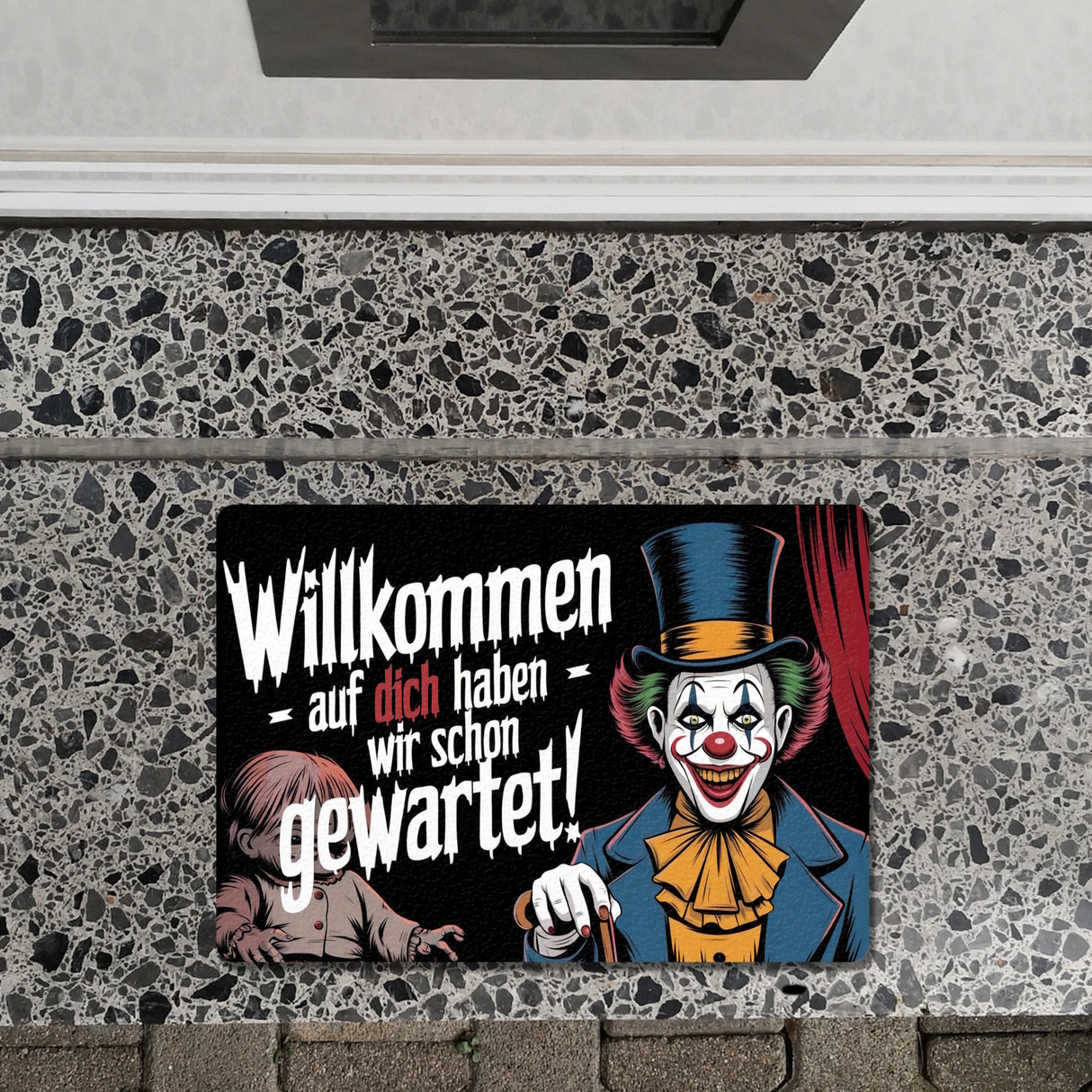 Horror Clown Fußmatte in 35x50 cm ohne Rand - Willkommen, auf dich haben wir schon gewartet