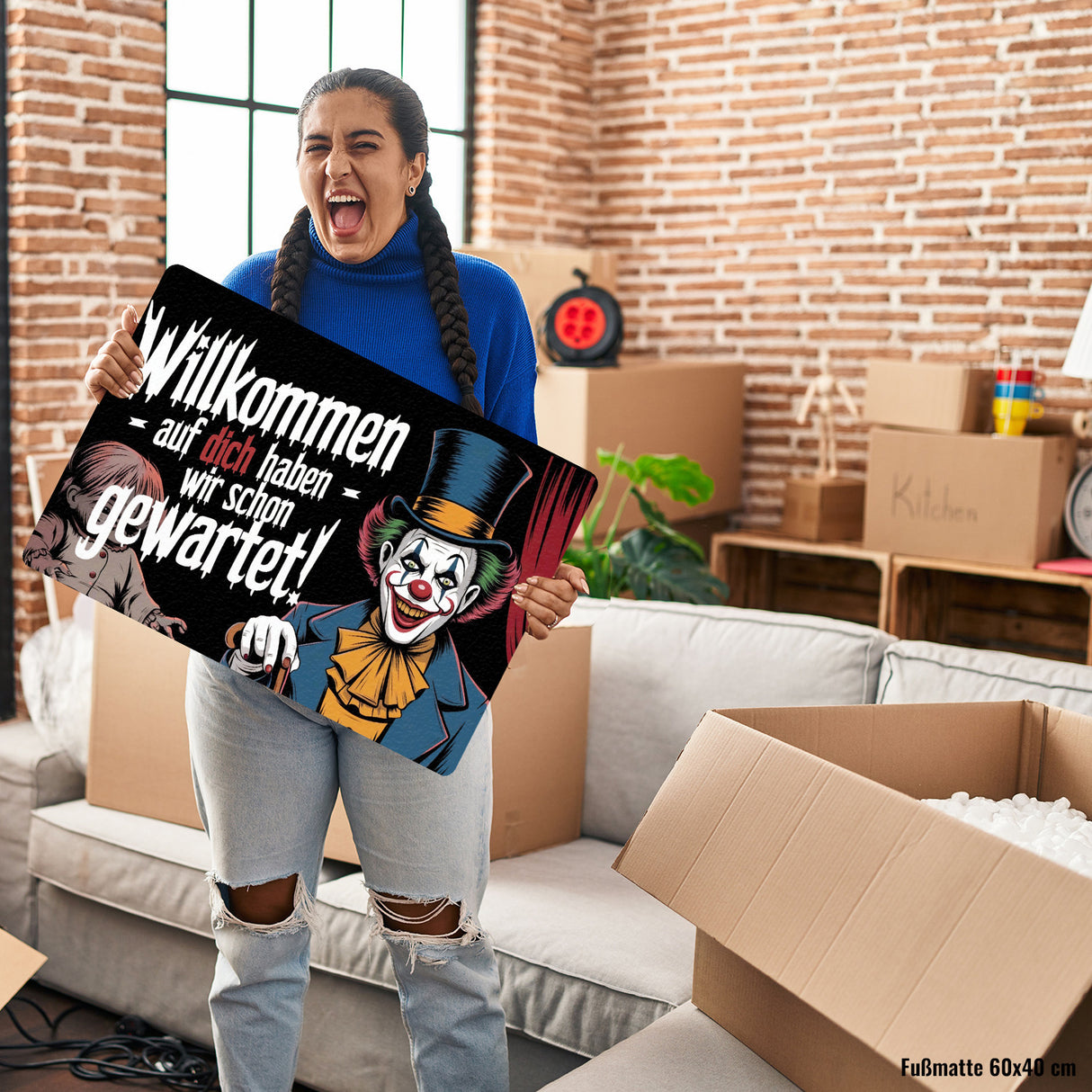 Horror Clown Fußmatte in 35x50 cm ohne Rand - Willkommen, auf dich haben wir schon gewartet