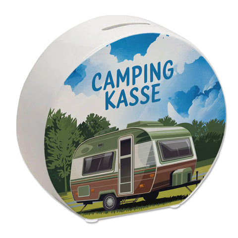 Wohnwagen auf Feld - Camping Kasse Spardose