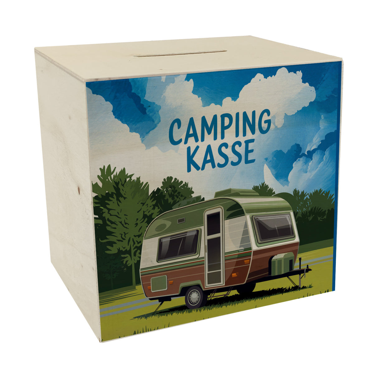 Wohnwagen auf Feld - Camping Kasse Spardose