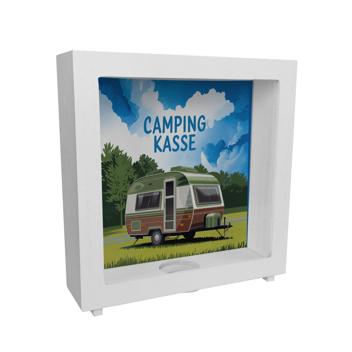 Wohnwagen auf Feld - Camping Kasse Spardose