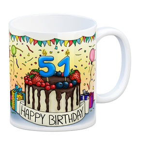 51. Geburtstag Tasse mit Kuchen und Geschenk und Anhänger: zum 18628. Tag