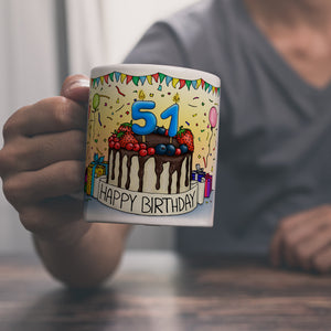 51. Geburtstag Tasse mit Kuchen und Geschenk und Anhänger: zum 18628. Tag