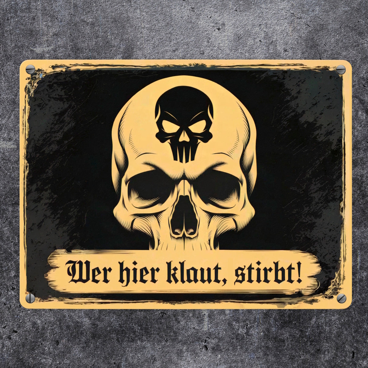 Totenkopf Warnung Wer hier klaut STIRBT Metallschild in 15x20 cm