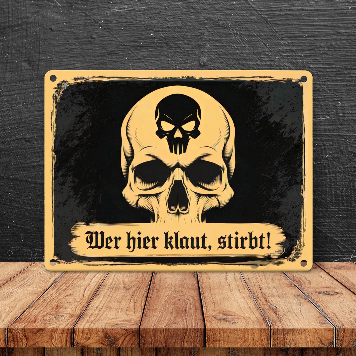 Totenkopf Warnung Wer hier klaut STIRBT Metallschild in 15x20 cm