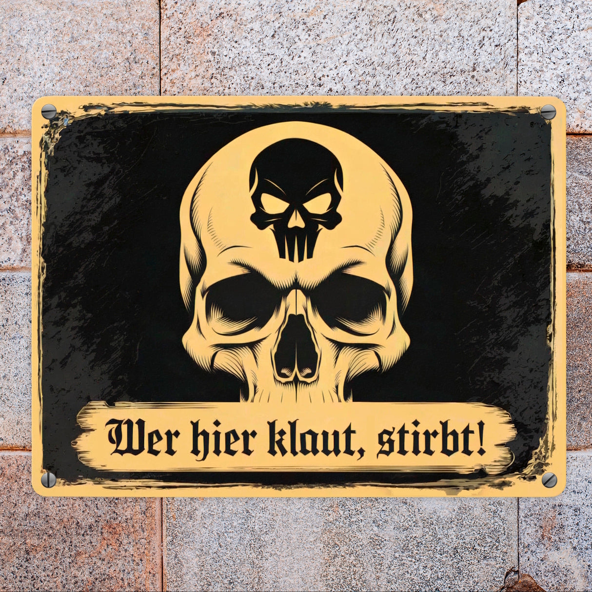 Totenkopf Warnung Wer hier klaut STIRBT Metallschild in 15x20 cm