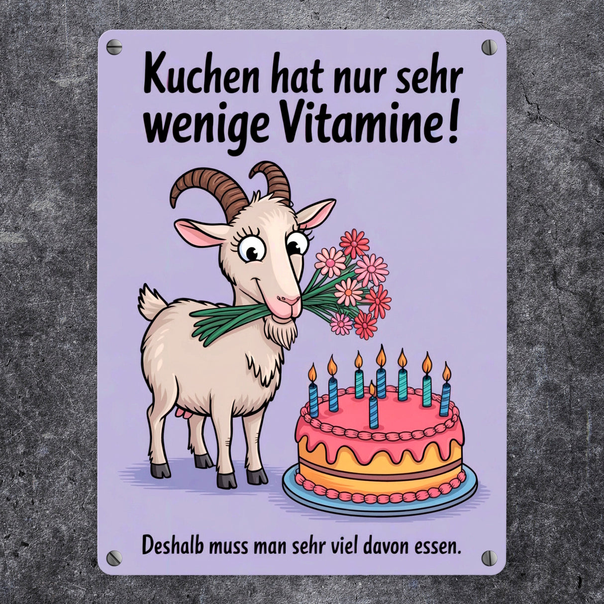 Ziege mit Torte - Viel Kuchen essen Metallschild in 15x20 cm