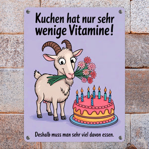 Ziege mit Torte - Viel Kuchen essen Metallschild in 15x20 cm