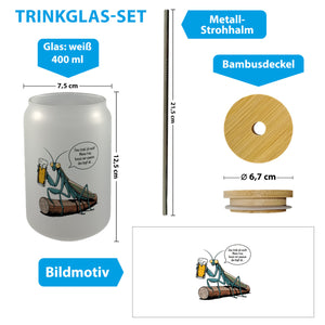 Gottesanbeterin mit Bier - Eins trink ich noch Trinkglas mit Bambusdeckel