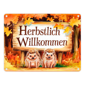 Zwei niedliche Igel - Herbstlich Willkommen Metallschild in 15x20 cm