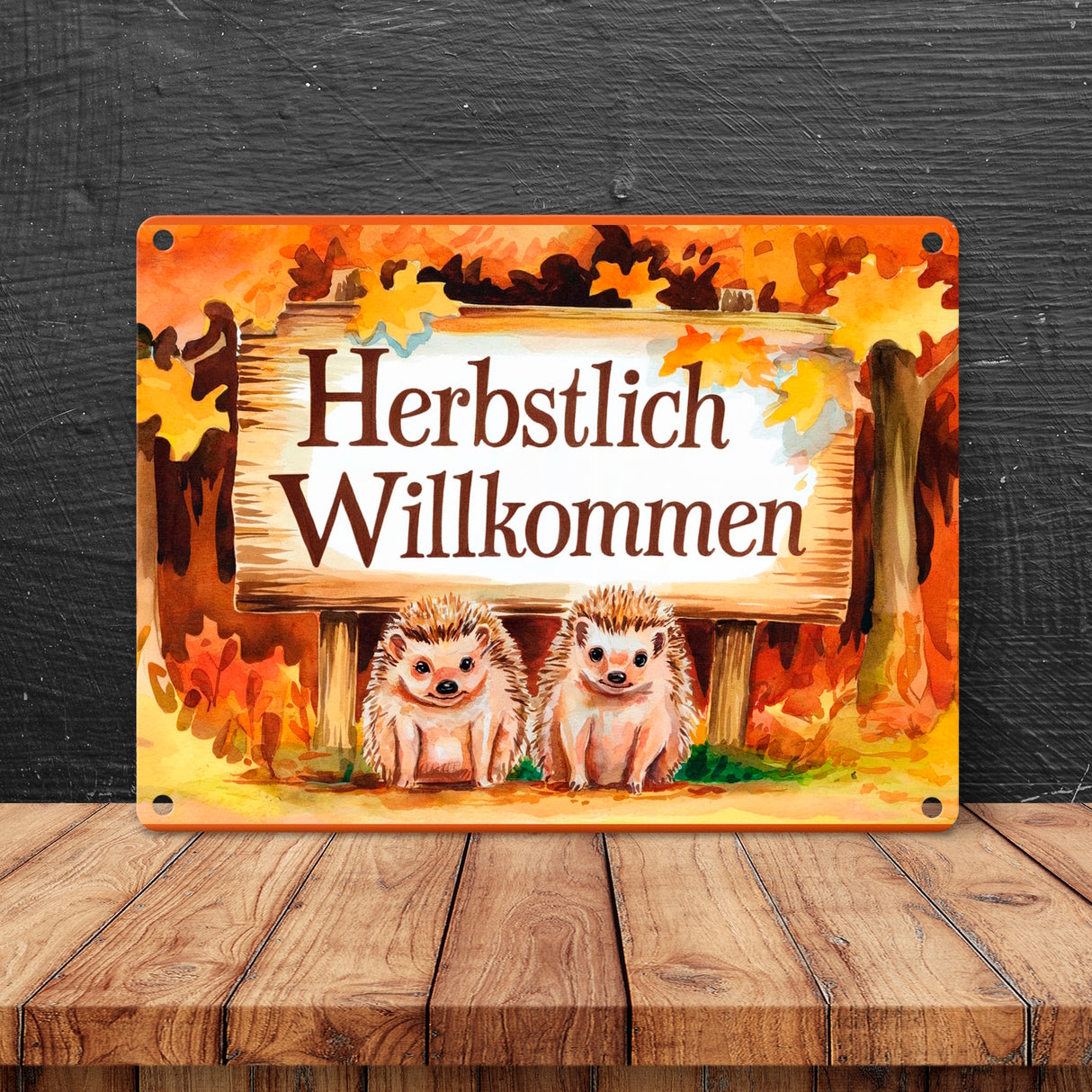 Zwei niedliche Igel - Herbstlich Willkommen Metallschild in 15x20 cm