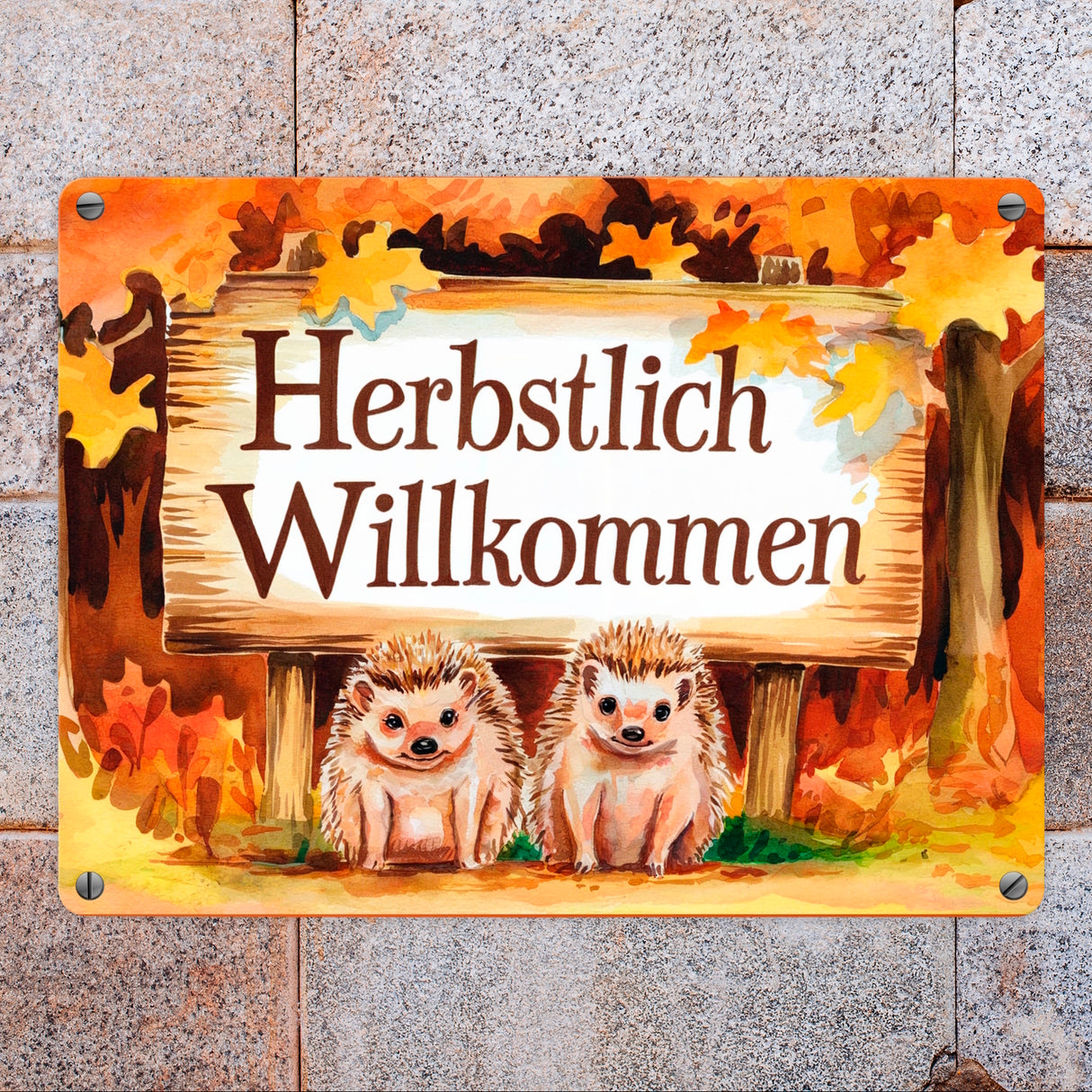 Zwei niedliche Igel - Herbstlich Willkommen Metallschild in 15x20 cm