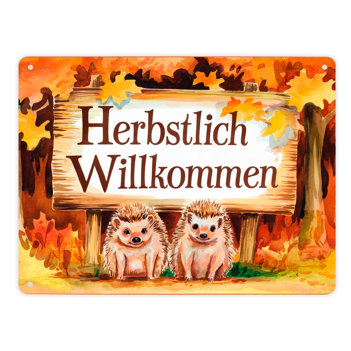 Zwei niedliche Igel - Herbstlich Willkommen Metallschild in 15x20 cm