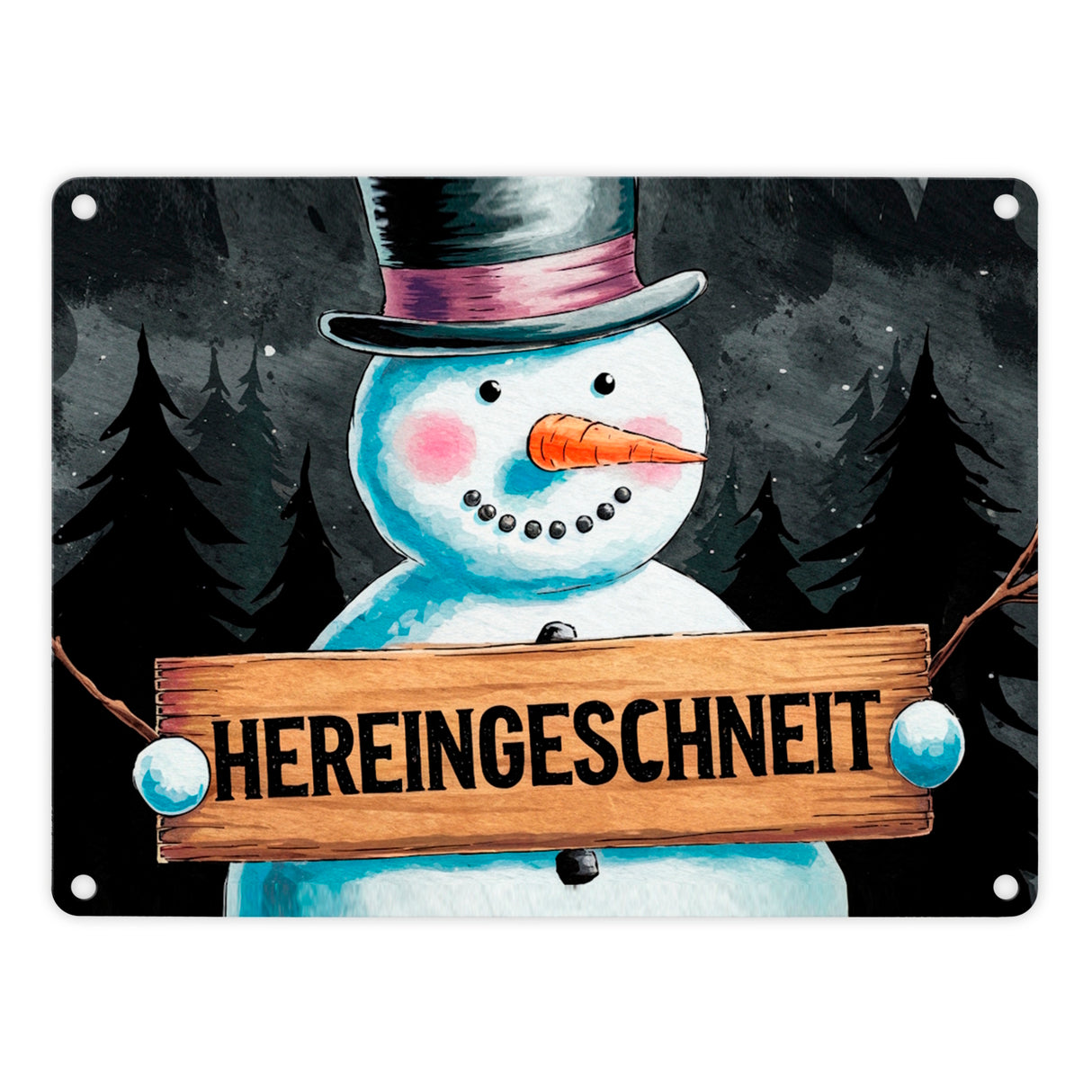 Schneemann mit Zylinder - Hereingeschneit Metallschild in 15x20 cm