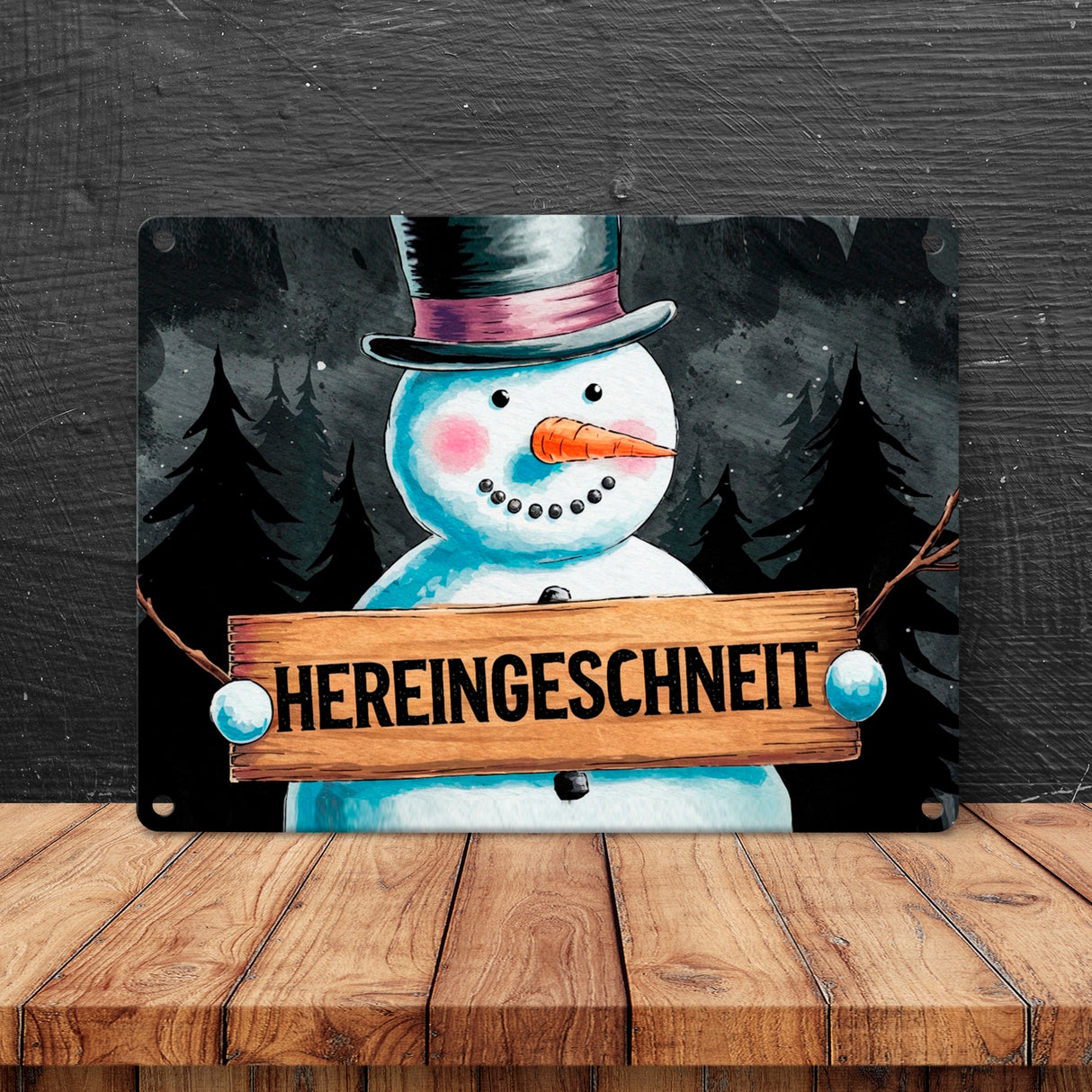 Schneemann mit Zylinder - Hereingeschneit Metallschild in 15x20 cm