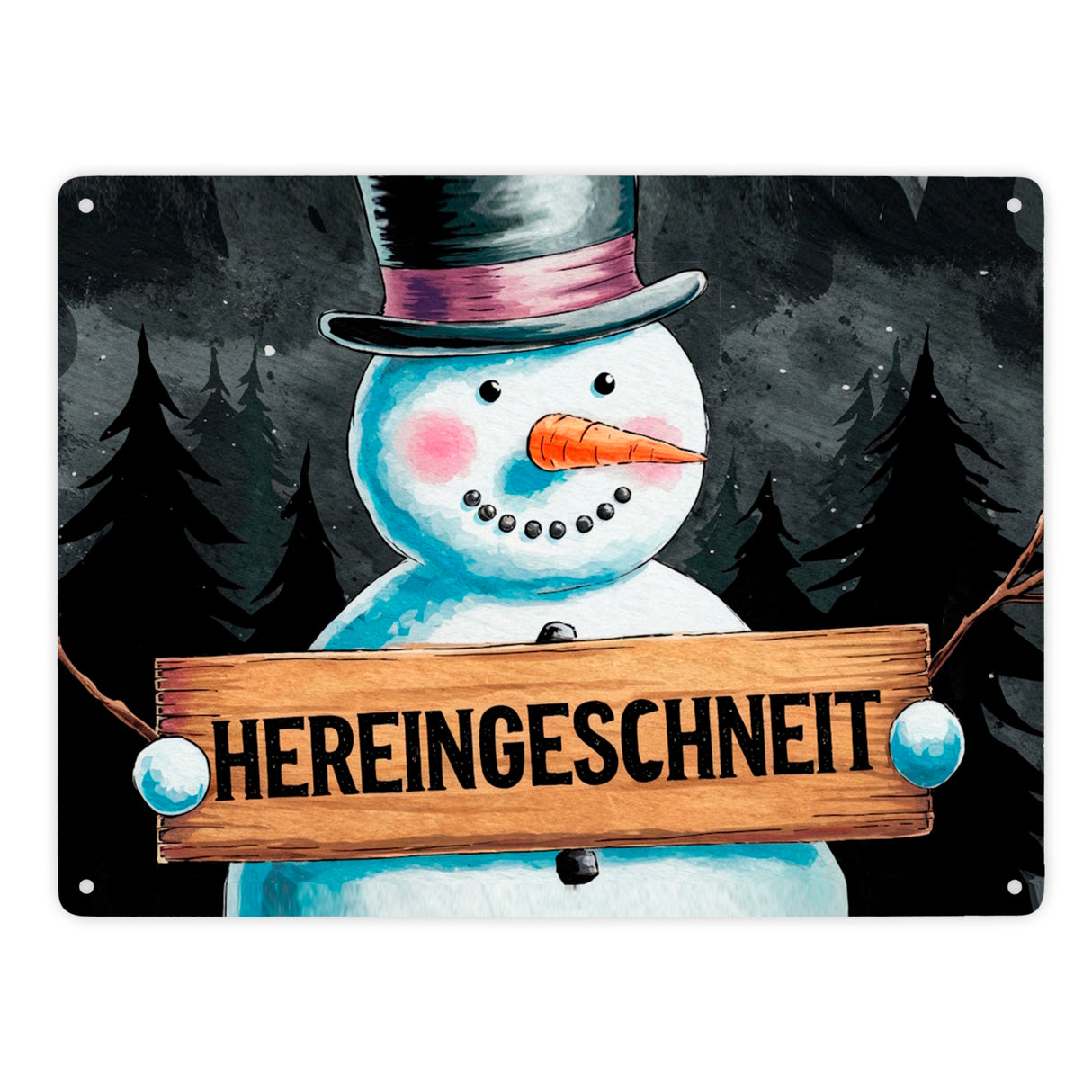 Schneemann mit Zylinder - Hereingeschneit Metallschild in 15x20 cm