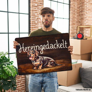 Hereingedackelt Fußmatte in 35x50 cm ohne Rand mit Dackel