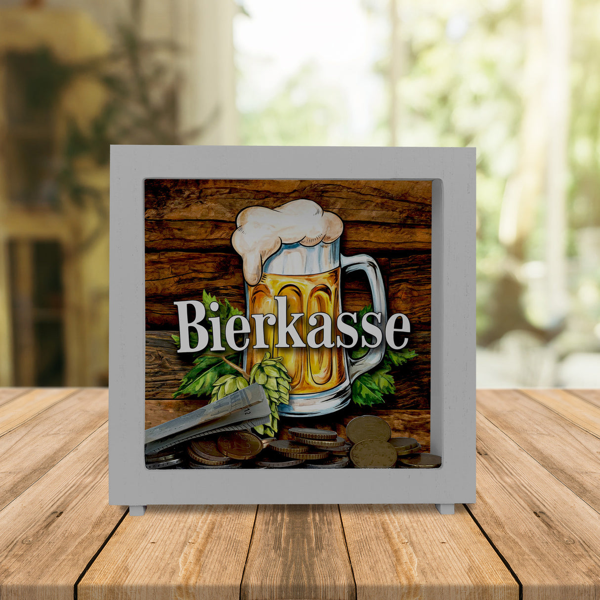 Bierkasse mit Hopfen und Bierkrug Spardose