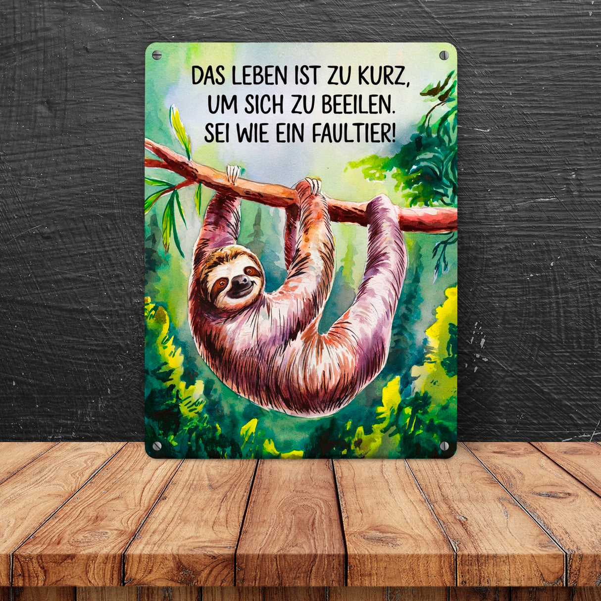 Faultier an Ast Metallschild in 15x20 cm - Leben ist zu kurz