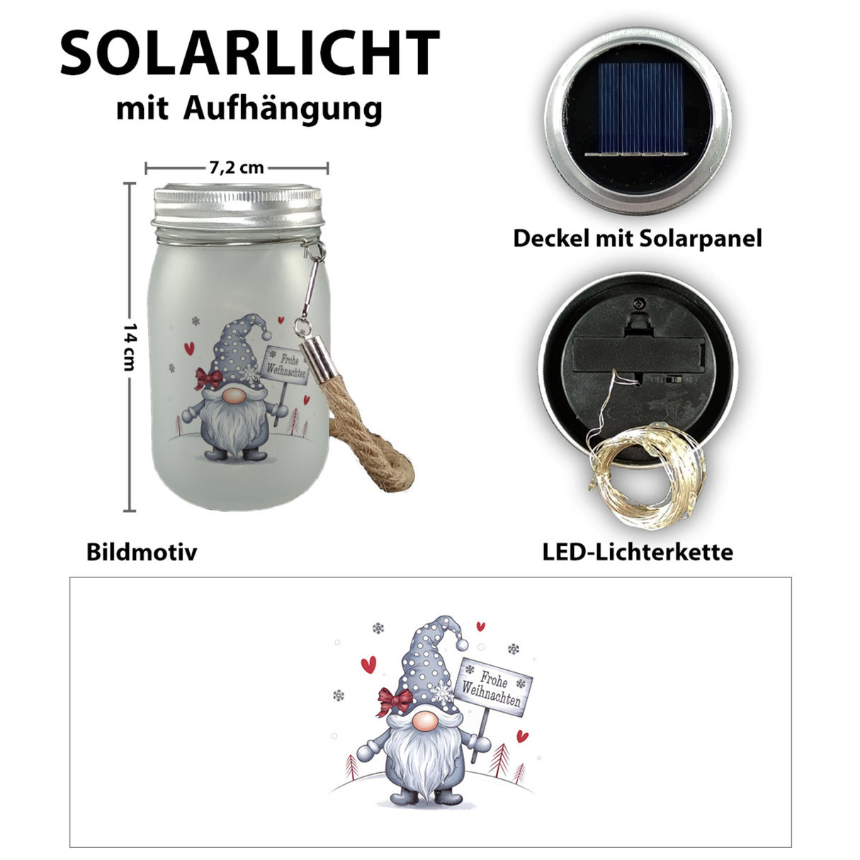 niedlicher Weihnachtswichtel mit Schild Solarlicht - Frohe Weihnachten