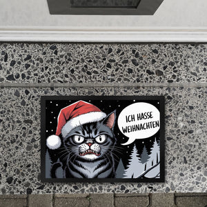 Grimmige Katze mit Weihnachtsmütze - Ich hasse Weihnachten Fußmatte in 35x50 cm