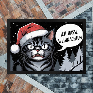 Grimmige Katze mit Weihnachtsmütze - Ich hasse Weihnachten Fußmatte in 35x50 cm