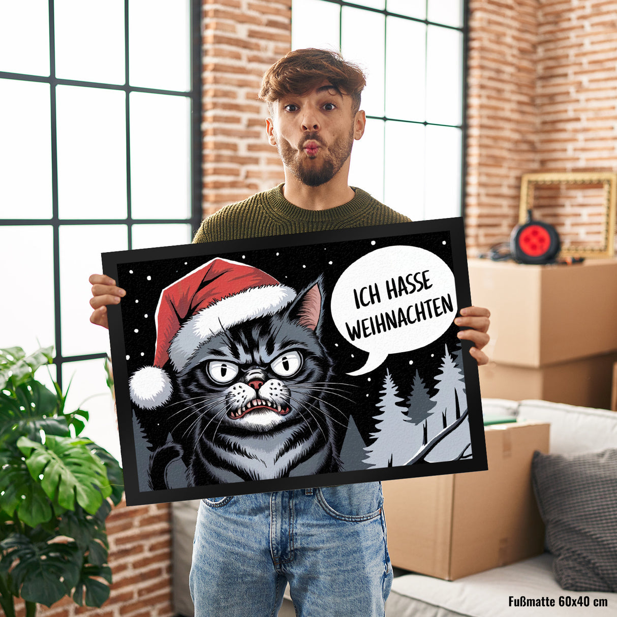 Grimmige Katze mit Weihnachtsmütze - Ich hasse Weihnachten Fußmatte in 35x50 cm