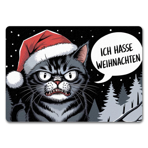 Grimmige Katze mit Weihnachtsmütze - Ich hasse Weihnachten Fußmatte in 35x50 cm ohne Rand