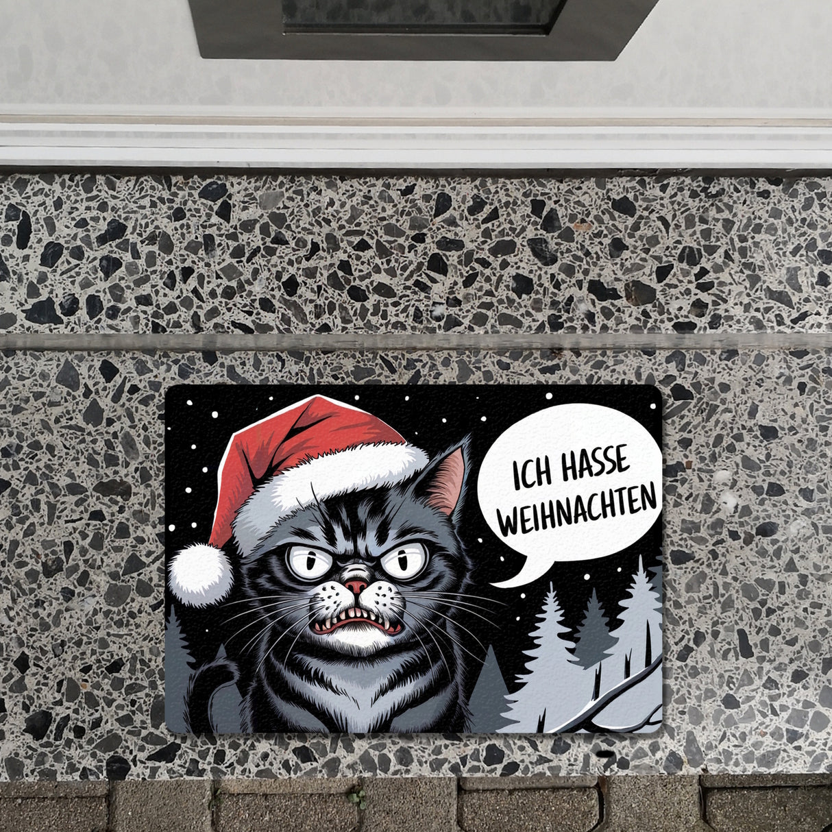 Grimmige Katze mit Weihnachtsmütze - Ich hasse Weihnachten Fußmatte in 35x50 cm ohne Rand